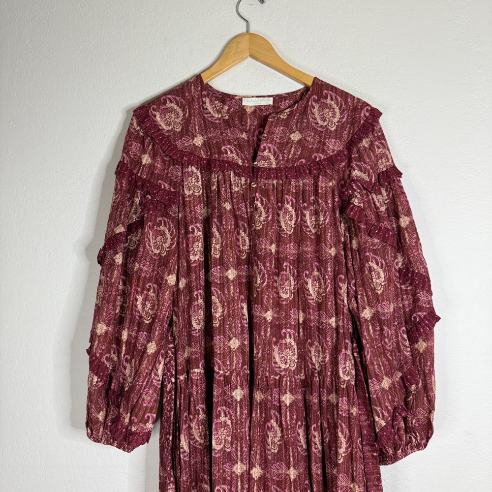 ULLA JOHNSON maroon floral amaranthus Brita ruffled maxi dress SIZE 8 - Picture 3 of 10